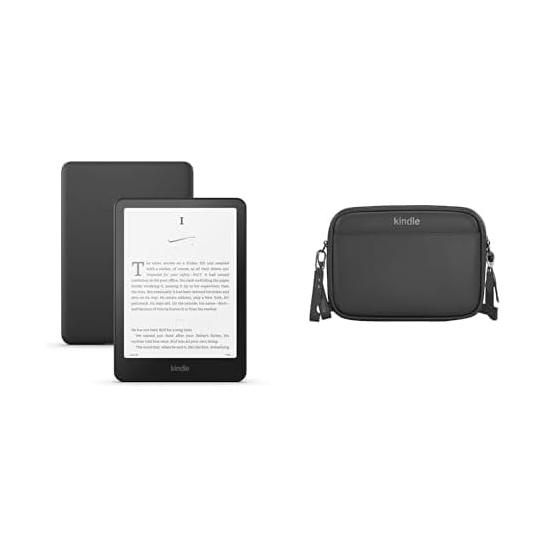 Kindle e-reader and a black Kindle carrying case are shown side by side.