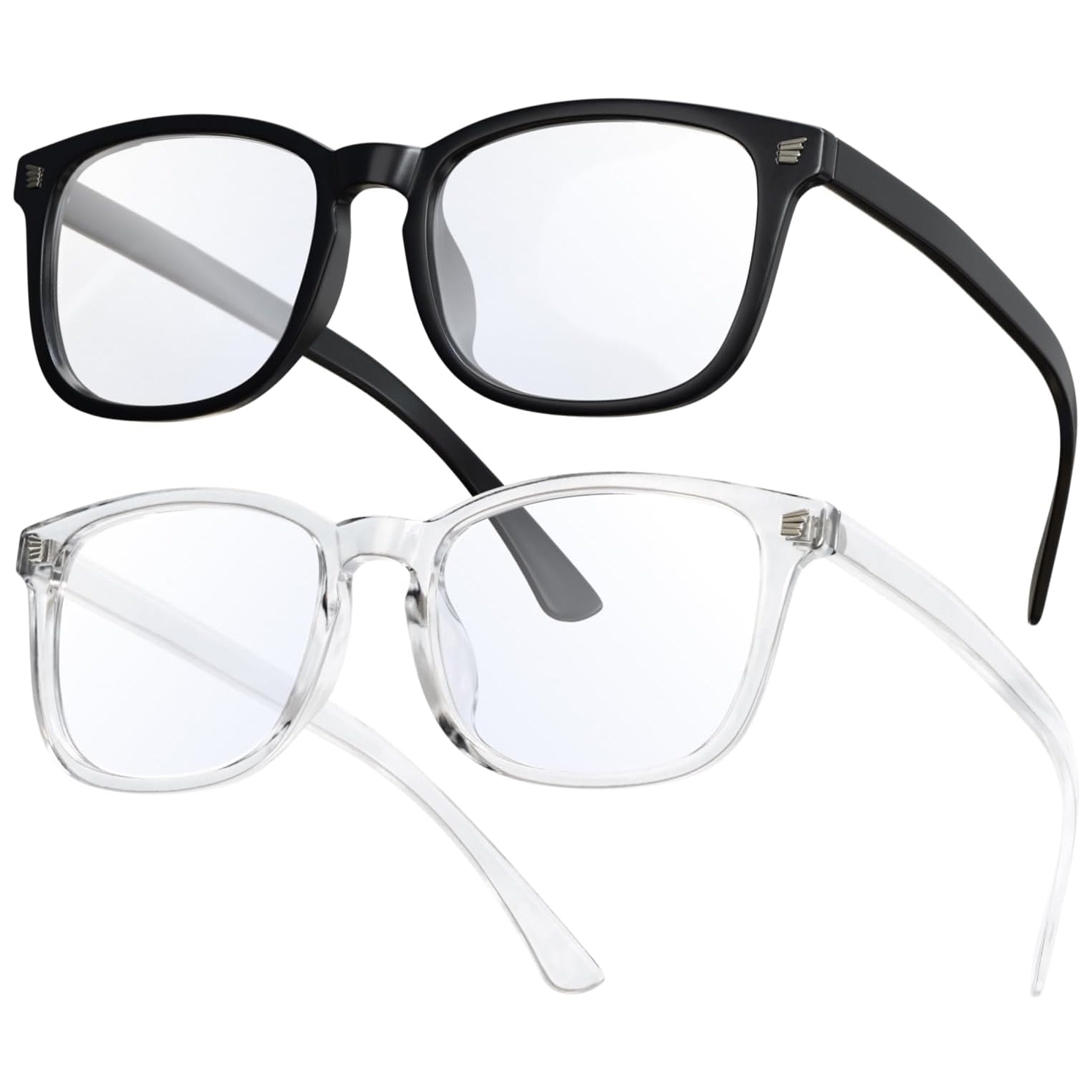 A 10-pack of blue light glasses featuring rectangular frames in both clear and black. Designed to reduce eye strain from screens, these glasses provide comfort and style with their sleek design.