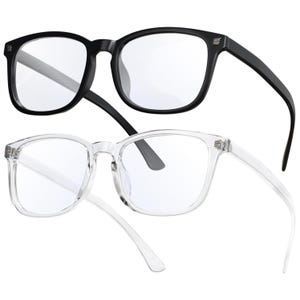 A 10-pack of blue light glasses featuring rectangular frames in both clear and black. Designed to reduce eye strain from screens, these glasses provide comfort and style with their sleek design.