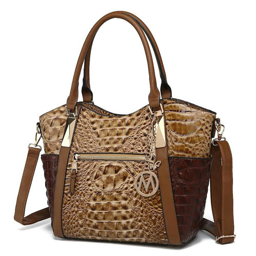 A stylish brown crocodile-pattern handbag with dual handles, gold-tone hardware, a front zipper pocket, and an attached decorative charm. It includes an adjustable shoulder strap for versatile carrying options.