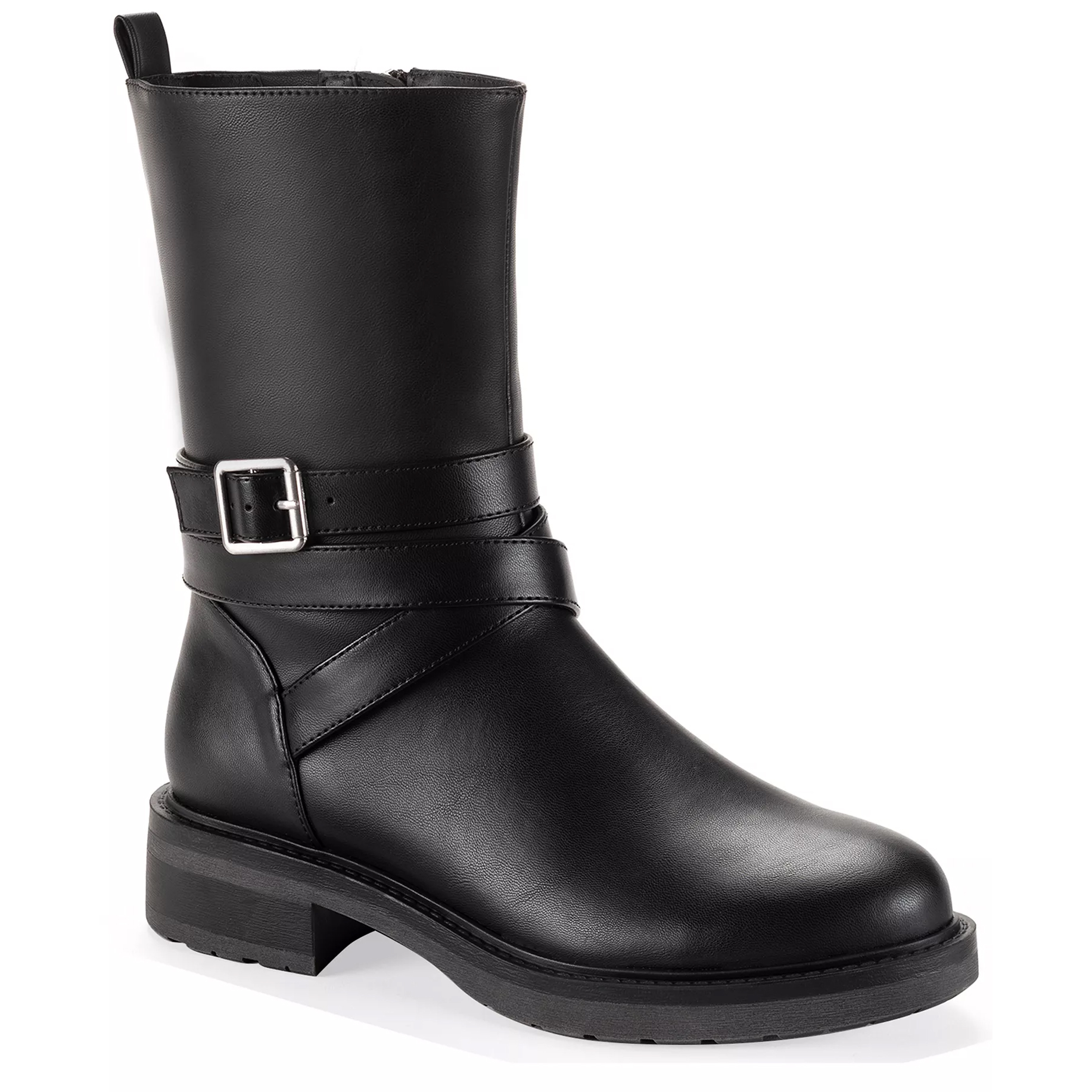 Black leather ankle boot with a block heel and buckle strap detail.