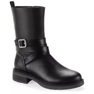 Black leather ankle boot with a block heel and buckle strap detail.