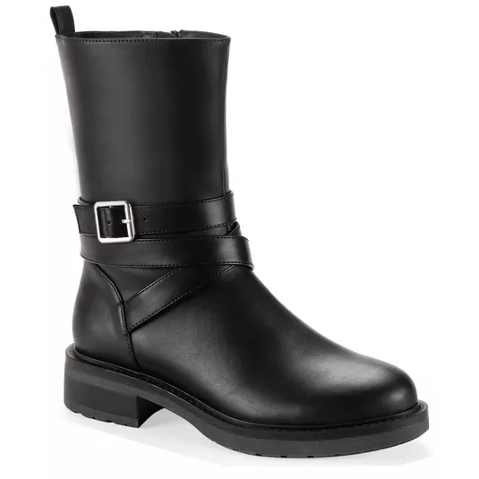 Black leather ankle boot with a block heel and buckle strap detail.