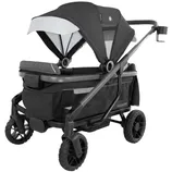 Double stroller with a canopy, large wheels, and a spacious storage area beneath the seating. Designed for two children, with a sleek, modern frame and a cup holder on the handle.