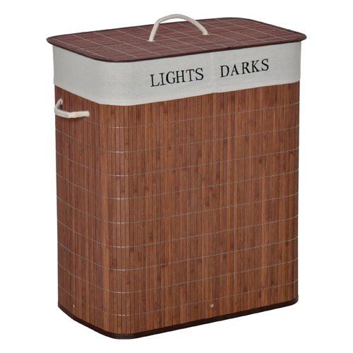 A bamboo laundry basket with a divided interior for sorting \“Lights\“ and \“Darks,\“ featuring a removable fabric liner and handle for easy carrying.