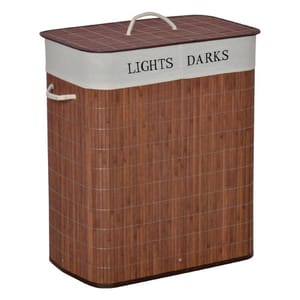 A bamboo laundry basket with a divided interior for sorting \“Lights\“ and \“Darks,\“ featuring a removable fabric liner and handle for easy carrying.