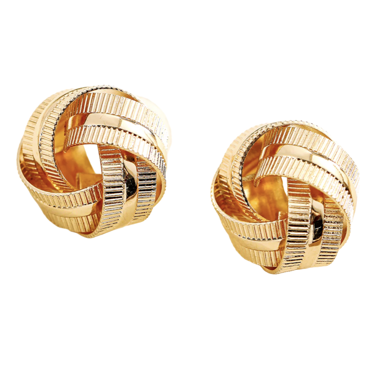 Gold-tone knot stud earrings with intertwined, textured and smooth surfaces creating a woven appearance.