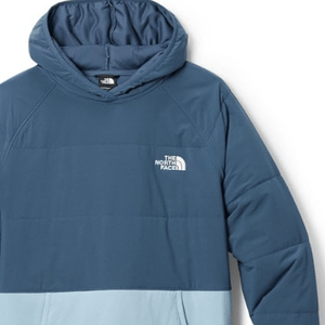 A blue and light blue color-blocked hoodie with a front pouch pocket and The North Face logo on the chest.