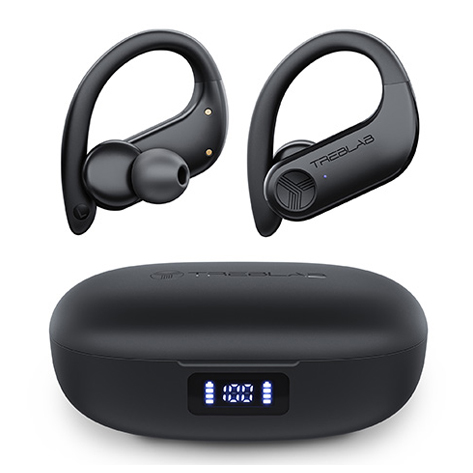 Wireless earbuds with over-ear hooks and a charging case displaying battery percentage.