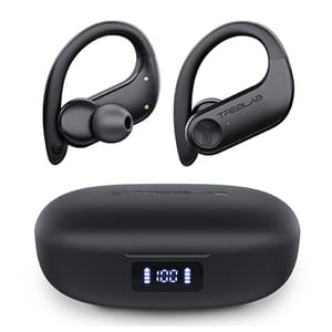 Wireless earbuds with over-ear hooks and a charging case displaying battery percentage.