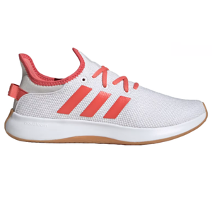 A white athletic shoe with red accents, featuring three stripes on the side, a flexible mesh upper, and a gum rubber outsole.