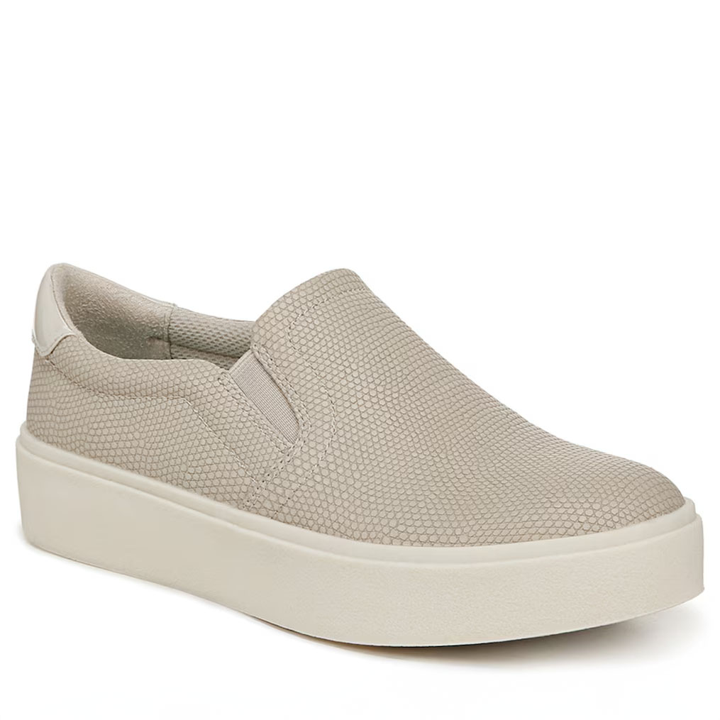 Light beige, slip-on Dr. Scholl's Madison sneakers with a textured upper and a thick, white platform sole.