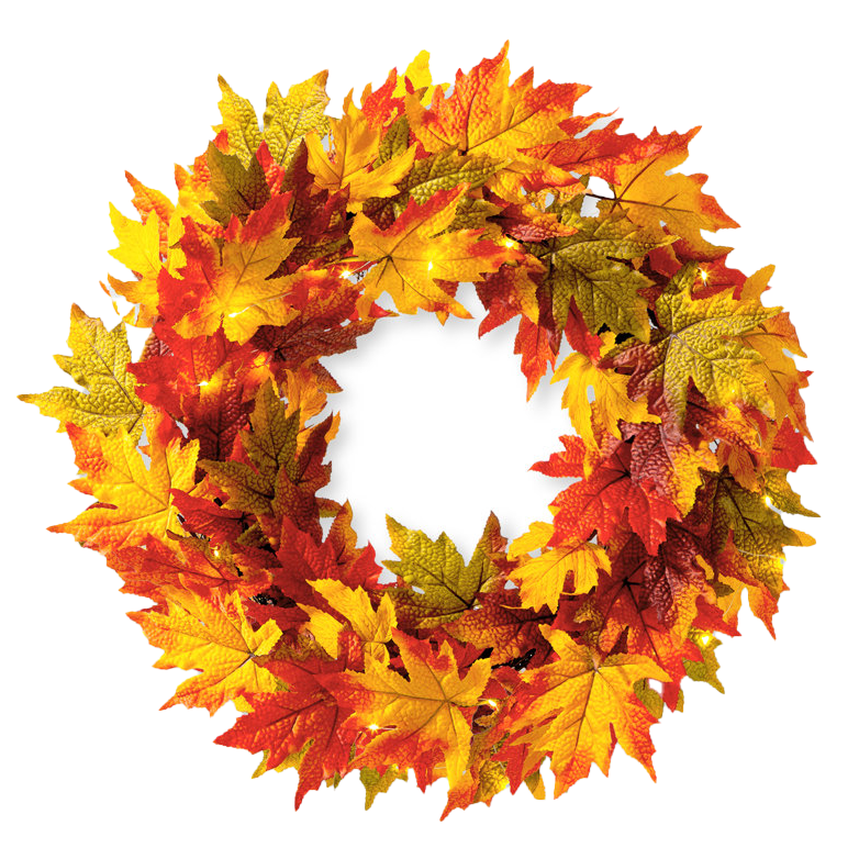 A 24\“ fall wreath made of realistic orange, yellow, and red maple leaves with small embedded lights, creating a warm, festive ambiance.