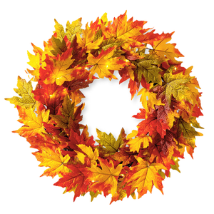 A 24\“ fall wreath made of realistic orange, yellow, and red maple leaves with small embedded lights, creating a warm, festive ambiance.