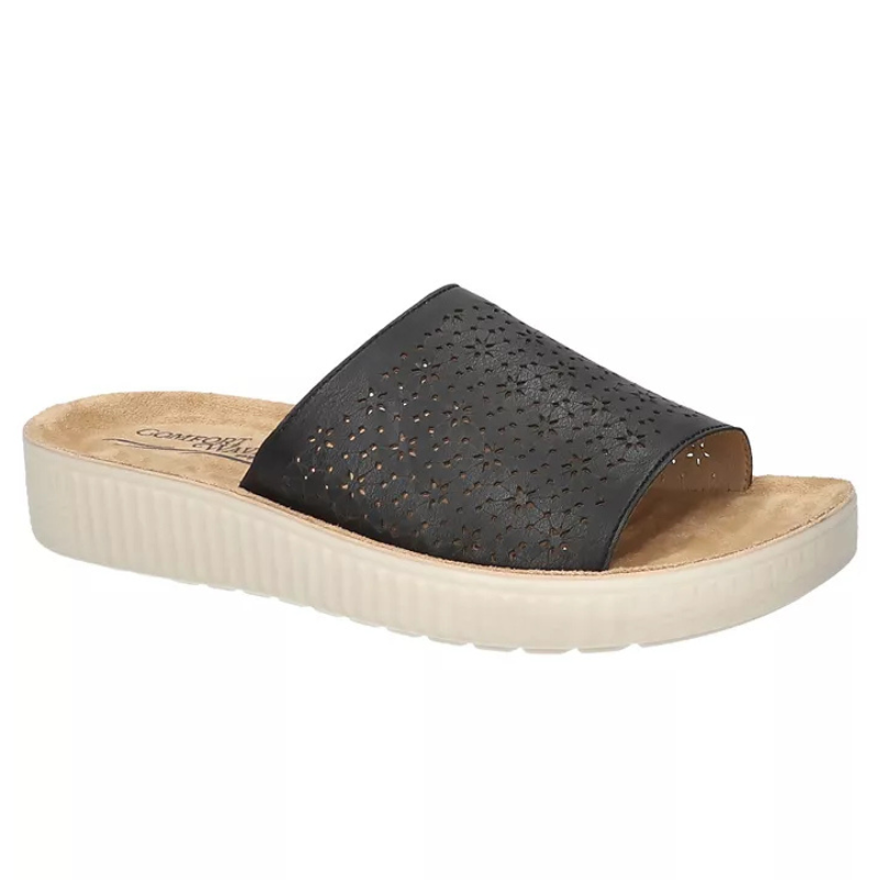 A black slide sandal with floral cutout design on the strap and a beige textured sole.