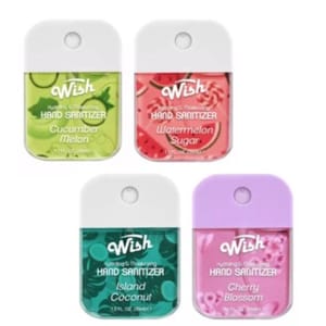 Four Wish Hand Sanitizers in 2 fl. oz. (59 mL) bottles with scents: Cucumber Melon, Watermelon Sugar, Island Coconut, and Cherry Blossom, featuring colorful, themed packaging.