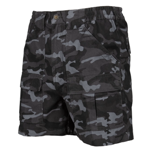 Camouflage cargo shorts with multiple pockets.