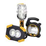 Three types of LED work lights: a handheld cage light, a square dual-beam light, and a round flashlight with a handle, all in yellow and black.