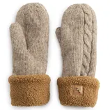 Beige mittens with a knit texture and cable design, featuring a brown faux-shearling cuff.