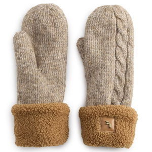 Beige mittens with a knit texture and cable design, featuring a brown faux-shearling cuff.