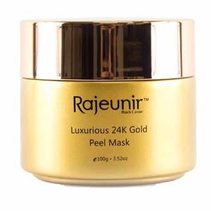 Rajeunir Black Caviar Luxurious 24K Gold Peel Mask comes in a gold jar with a shiny gold lid, containing 100g (3.52oz) of the peel mask.