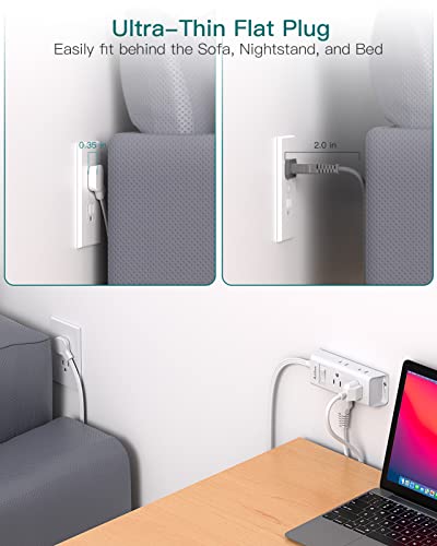 An ultra-thin flat plug power strip designed to fit behind furniture with minimal space use is shown, with a comparison thickness of 0.35 inches.