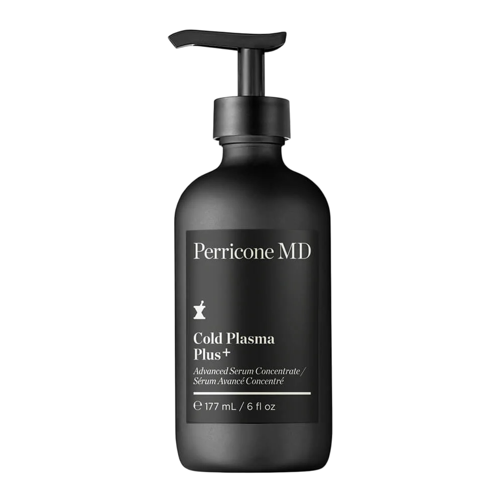 Perricone MD Cold Plasma Plus+ Advanced Serum Concentrate, 177 mL (6 fl oz), in a black bottle with a pump dispenser.
