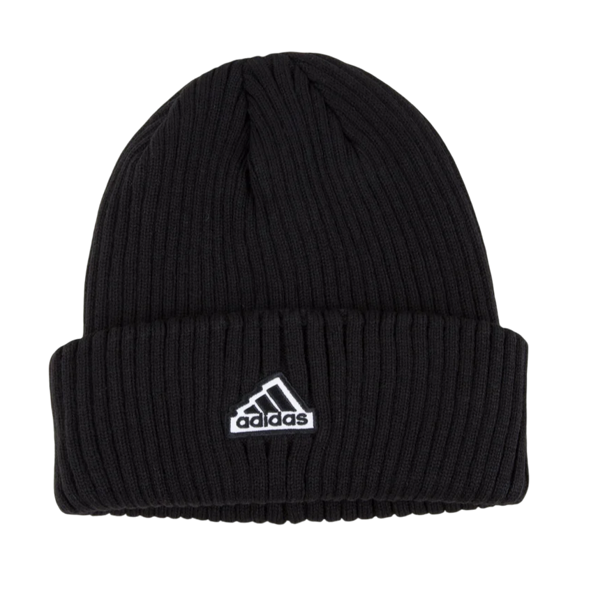 A black ribbed knit beanie featuring the Adidas logo on the front fold.