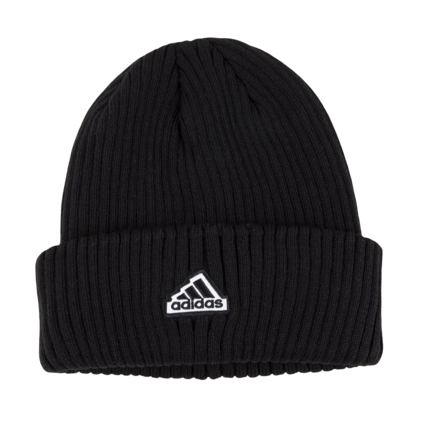 A black ribbed knit beanie featuring the Adidas logo on the front fold.