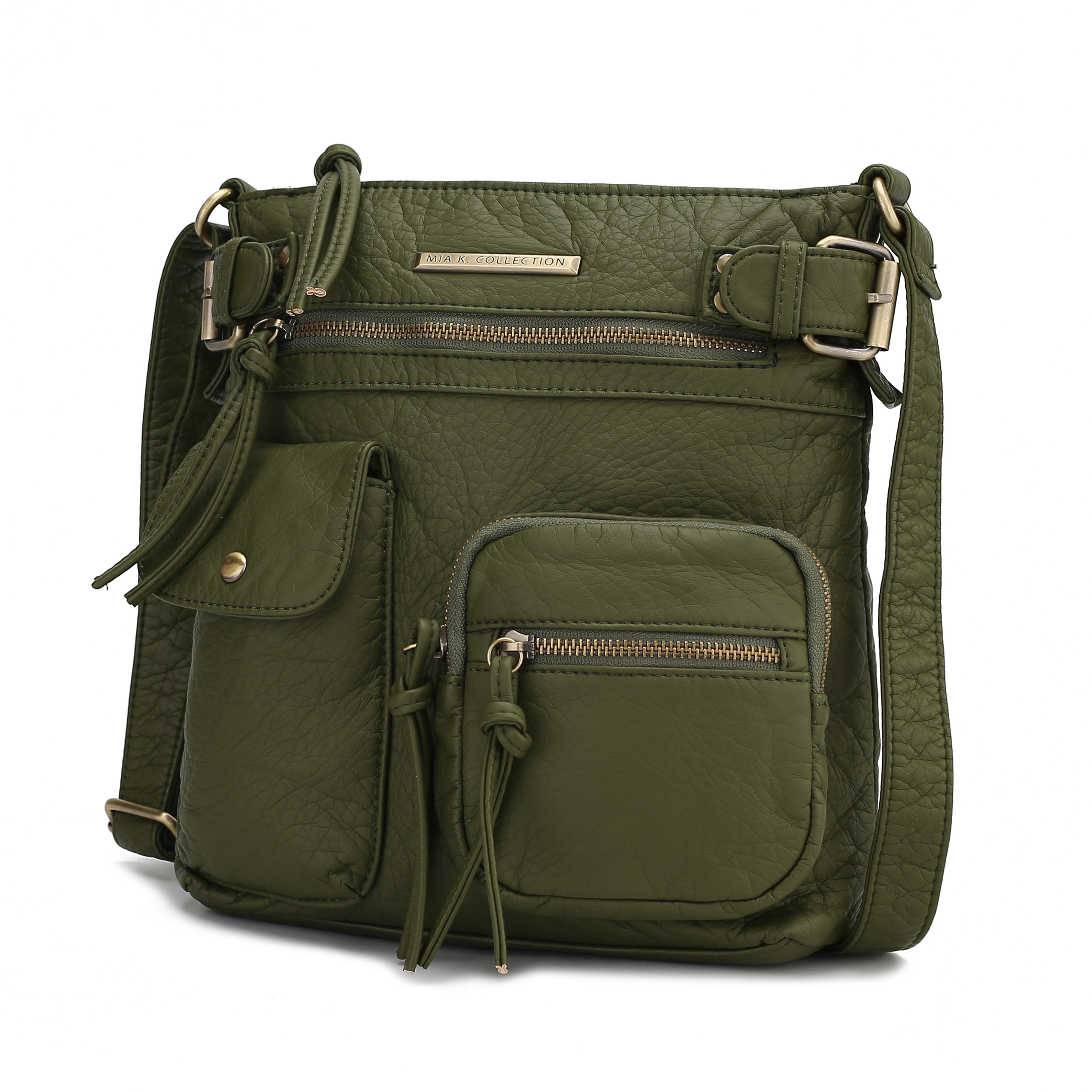 A green leather crossbody bag featuring multiple zippered compartments, an adjustable strap, and additional pockets for storage.