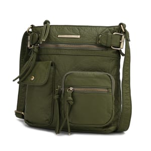 A green leather crossbody bag featuring multiple zippered compartments, an adjustable strap, and additional pockets for storage.