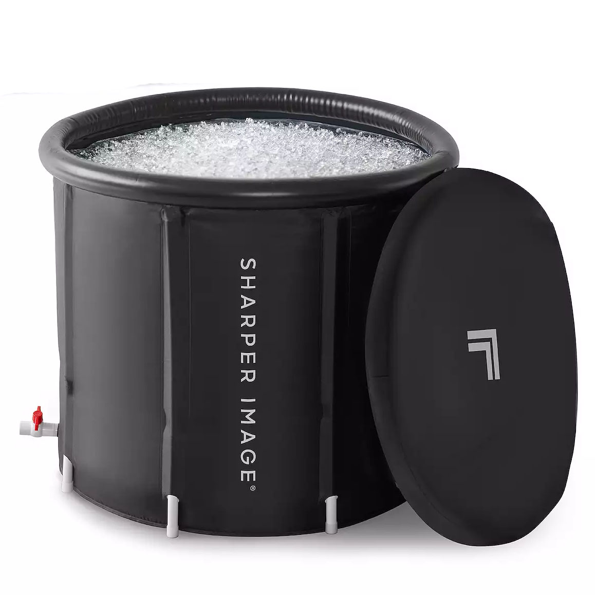 The Sharper Image Cold Plunge Tub is a black, cylindrical tub for ice baths, featuring a cover and a drainage valve on the side. It is designed for personal use and features the Sharper Image logo.
