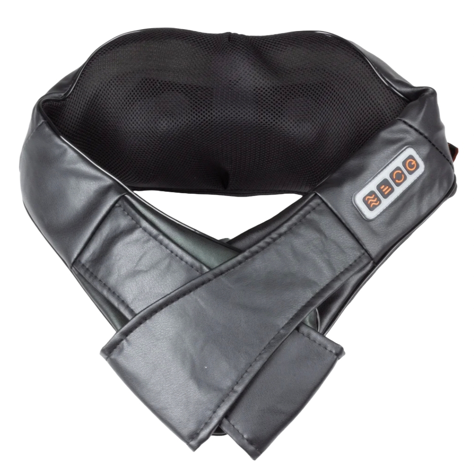 A neck pillow designed for travel comfort, featuring a black mesh back and padded leather-like sides with a NECK logo.