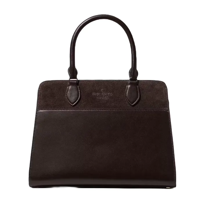 A dark brown leather and suede handbag with two handles, featuring a simple, elegant design.
