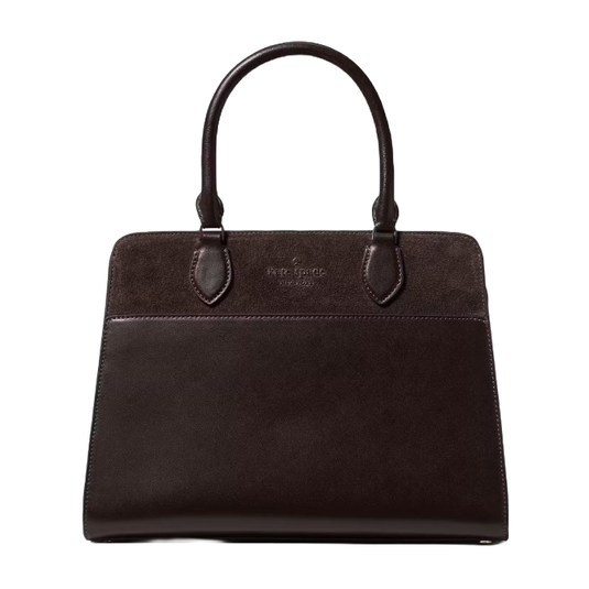 A dark brown leather and suede handbag with two handles, featuring a simple, elegant design.