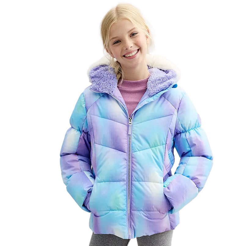 A colorful ZeroXposure winter jacket with a pastel tie-dye pattern, featuring a zip-up front, quilted design, and a plush purple sherpa-lined hood, worn over a pink top.