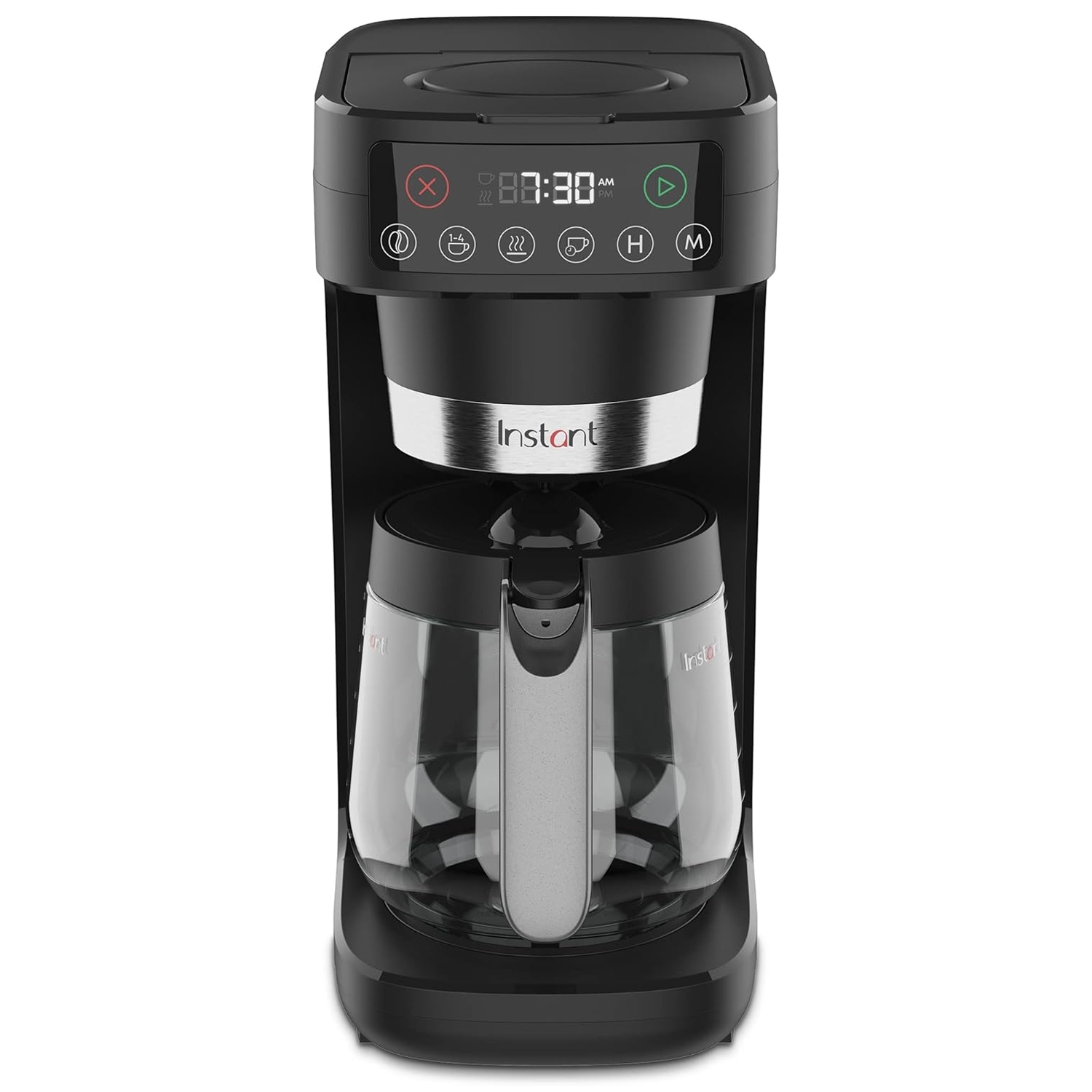 Black drip coffee maker with a digital display and buttons for brew settings, featuring a glass carafe. The design includes a clock, brew strength selector, and fresh coffee timer.