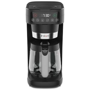 Black drip coffee maker with a digital display and buttons for brew settings, featuring a glass carafe. The design includes a clock, brew strength selector, and fresh coffee timer.