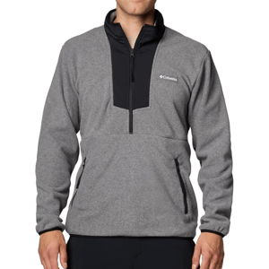 A gray pullover fleece jacket with a black quarter-zip collar and chest, featuring the Columbia logo on the upper left chest and zippered pockets.