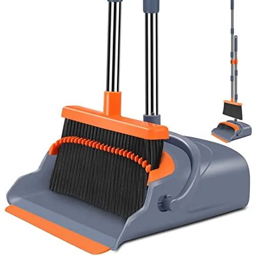 A broom with orange and grey accents featuring adjustable handles, paired with a matching dustpan with a closed lid design for easy collection and disposal of dirt.