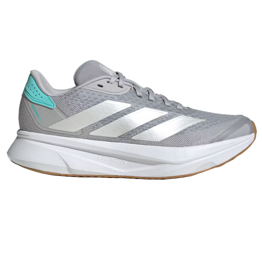 Adidas Duramo SL Shoes in gray feature a breathable mesh upper with iconic three white stripes, a Lightmotion midsole for cushioning, and a hint of turquoise on the heel counter.