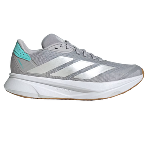 Adidas Duramo SL Shoes in gray feature a breathable mesh upper with iconic three white stripes, a Lightmotion midsole for cushioning, and a hint of turquoise on the heel counter.