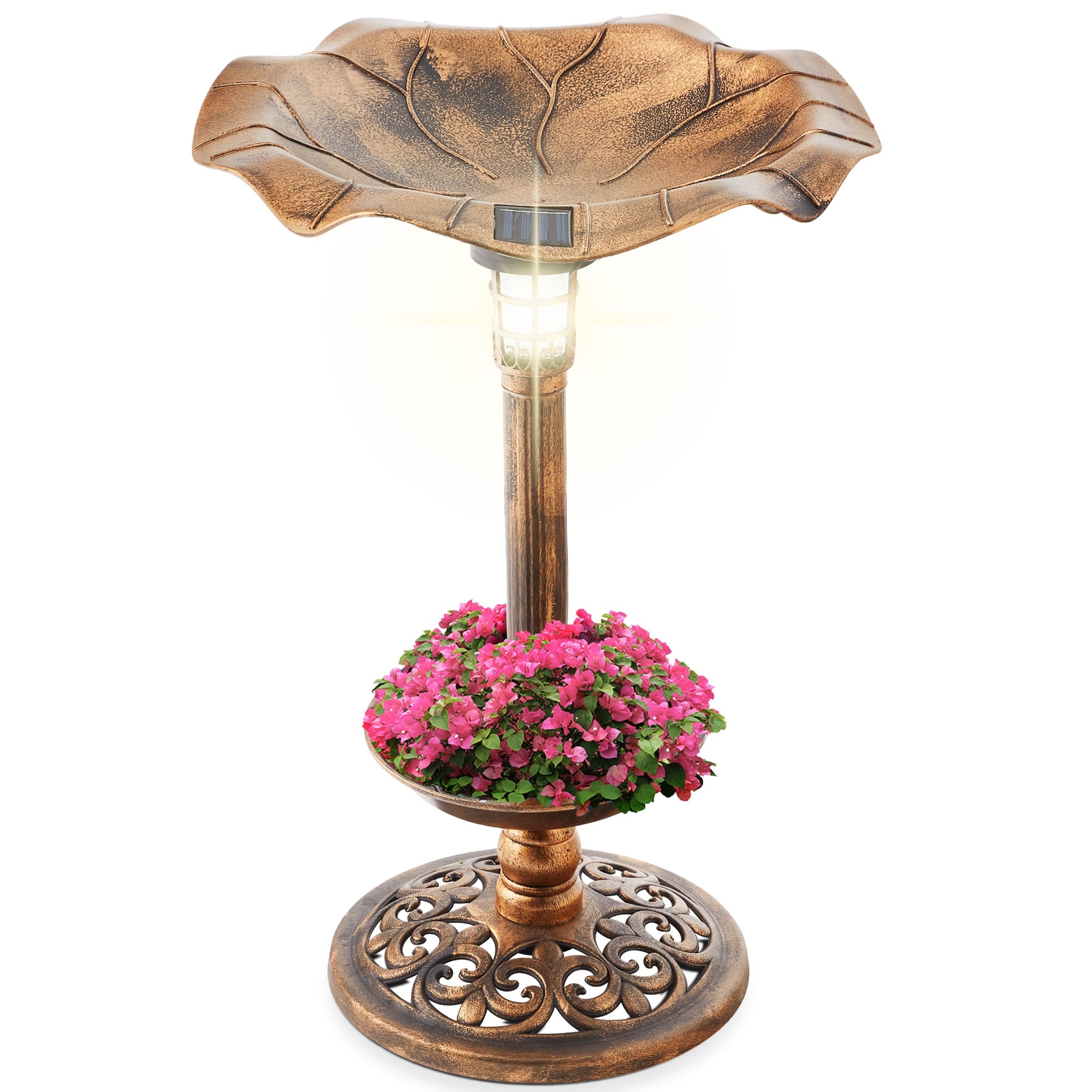 A solar lighted birdbath with an ornate bronze finish and a flower planter at its base.