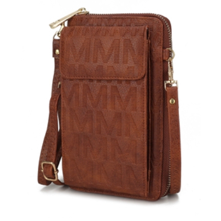 Brown crossbody bag with a textured design featuring the letter \“M,\“ gold-tone hardware, a front pocket, and an adjustable strap.