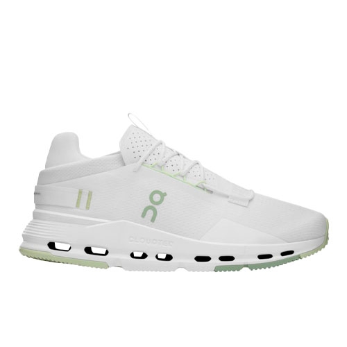 White On CloudNova 2 shoes with a sleek design, featuring perforated detailing, lace-up closure, and green accents. The midsole showcases visible CloudTec cushioning for enhanced comfort.