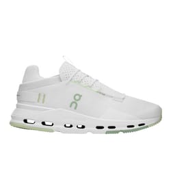 White On CloudNova 2 shoes with a sleek design, featuring perforated detailing, lace-up closure, and green accents. The midsole showcases visible CloudTec cushioning for enhanced comfort.