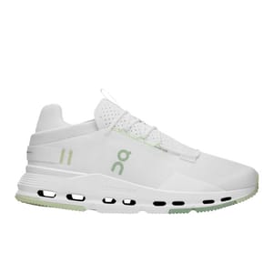 White On CloudNova 2 shoes with a sleek design, featuring perforated detailing, lace-up closure, and green accents. The midsole showcases visible CloudTec cushioning for enhanced comfort.