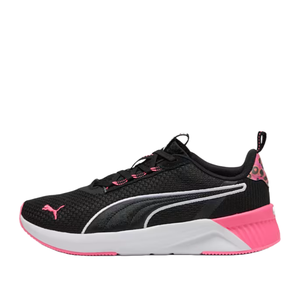 Puma Softride Harli Hybrid Skins Running Shoes feature a black mesh upper with pink accents, pink outsoles, and white midsoles. The design includes a leopard print on the heel and the Puma logo on the side and tongue.
