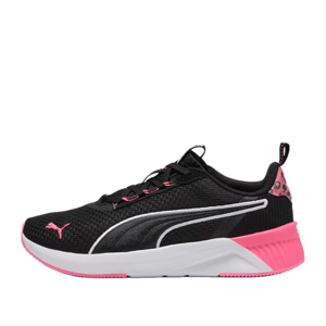 Puma Softride Harli Hybrid Skins Running Shoes feature a black mesh upper with pink accents, pink outsoles, and white midsoles. The design includes a leopard print on the heel and the Puma logo on the side and tongue.
