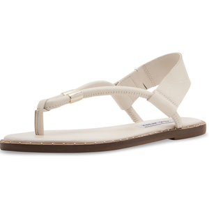 The Steve Madden Meduza Sandals feature a minimalist thong design with a beige leather upper, gold-tone hardware accent, and a flat sole. They have a slingback strap for a secure fit.